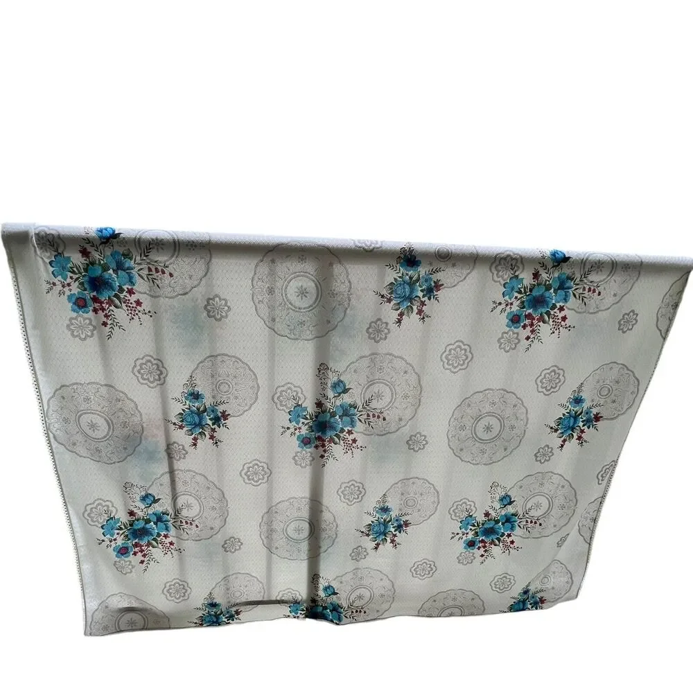 VTG Blue Floral Lace Trim Tablecloth Baroque Texture Satin 62x90” Rectangle Boho